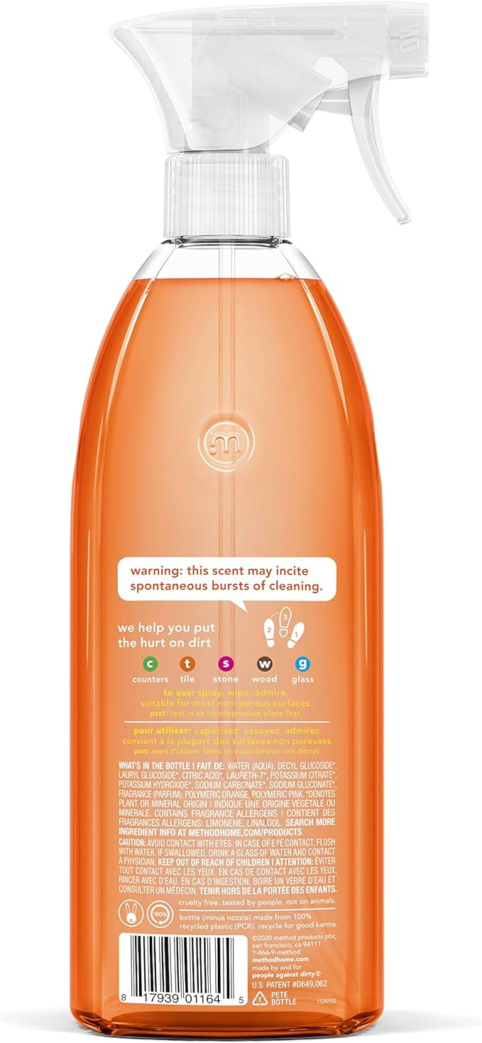Method All-Purpose Cleaner Spray, Clementine, Perfect for Most Counters, Tiles, Stone, and More, 28 oz Spray Bottles, (Pack of 2)