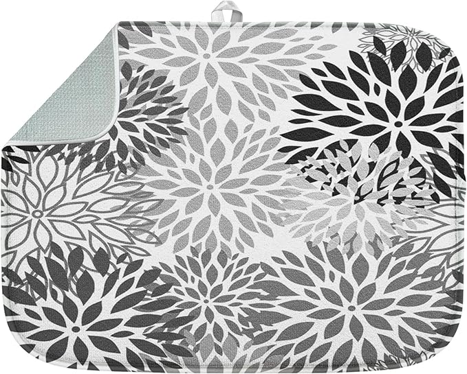 Sanwarm Absorbent Dish Drying Mat, Vintage Spring Leaf Gray Floral Flower Microfiber Pad for Kitchen Counter, Coffee Bar Decor, Heat Resistant and Reversible, 18" x 24"