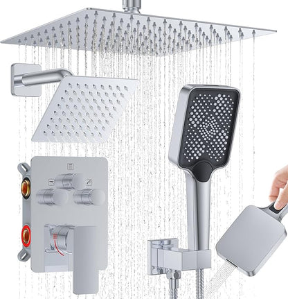 Shower Faucet Set,Chrome Polished Push Button Shower System with Rain Shower and Handheld,Chrome Shower Faucet with Valve Ceiling Mount 12 Inch Shower Head and 6 Inch Shower Head with Handheld