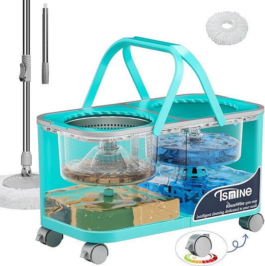 Easy-Use Spin Mop for Cleaner, Controlled Rinsing, Clean & Dirty Water Separation Mop Bucket for Pet & Family Homes,360° Swivel Wheels, Safe for Hardwood & Tile, Adjustable Handle,1 Reusable Mop Heads
