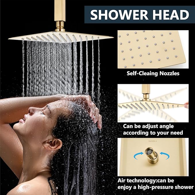 Aolemi Ceiling Mount Shower System Rain Shower Head with Handheld Spray High Pressure Shower Faucet Set Rough-in Valve Shower Trim Kit Included Bathroom Brused Gold 12 Inch Ceiling Shower Head