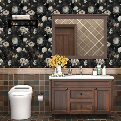 Fvlow Dark Wallpaper Floral Peel and Stick 17.4" x 394" Black White Contact Paper Vintage Watercolor Self Adhesive Covering for Bedroom Cabinet Bathroom Home Decor