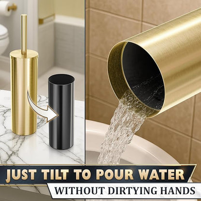 Gold Toilet Brush and Holder Set - Brushed Stainless Steel Gold Toilet Bowl Brush and Holder with Replaceable Head, Removable Inner Bowl, and Splash Protection - Dense Bristles for Thorough Cleaning