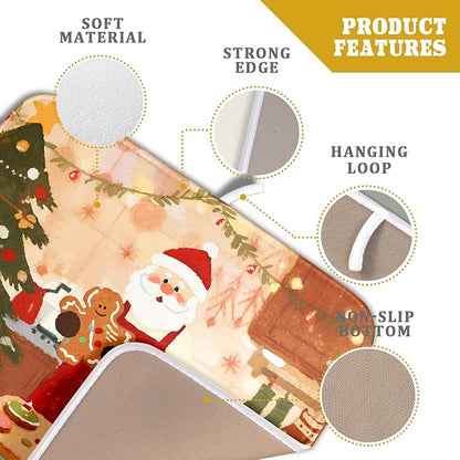 Christmas Dish Drying Mat for Kitchen Counter 16x18 Santa Claus Gingerbread Winter Xmas Holiday Themed Absorbent Reversible Microfiber Drying Mats Kitchen Countertop Protector Dishes Drainer Rack Pad