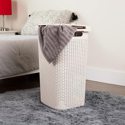 Mind Reader Slim Laundry Hamper with Lid, 60L Tall Clothes Basket, Narrow Tapered Design for Bathrooms, Closets and Laundry Rooms, Plastic, 2 Pack, Ivory