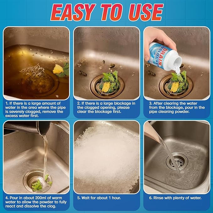 Drain Clog Remover, Powerful Sink Drain Cleaner Powder, Fast Removes Clogs, Hair, Grease & Soap Scum, for Pipes Home Use (260g)