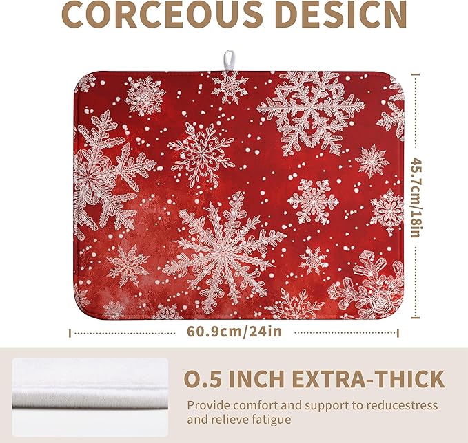 Christmas Dish Drying Mat for Kitchen Counter 18x24 Inch Red Snowflake Xmas Drying Pad Winter Holiday Dish Draining Mat Absorbent Microfiber Dish Drainer Rack Mat for Coffee Bar Kitchen
