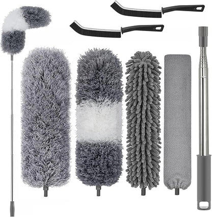 Professional Microfibre Dusters for Cleaning | Duster with Extension 100" | Cobweb Remover Duster Kit with 4 Washable Heads | Bendable Feather Duster for High Ceilings,Fans & Hard-to-Reach Areas,7PCS