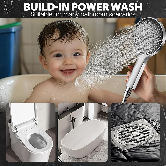 14 Inch Shower Head, Rain Shower Head with Adustable Extension Arm, Detachable Silver Rina Shower Head with Handheld Spray, High Pressure Shower Hose with Holder in Bathroom