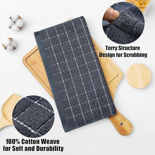 Homaxy 100% Cotton Terry Kitchen Towels(Dark Grey, 20 x 28 inches), Checkered Designed, Soft and Super Absorbent Dish Towels, Large 6 Pack