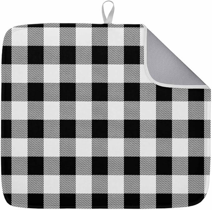 Dish Drying Mat Black Check Plaid Drying Matt for Kitchen Counter Farmhouse Style Absorbent Microfiber Quick Dry Mats Dishes Drainer Home Decorations 18x24 inch