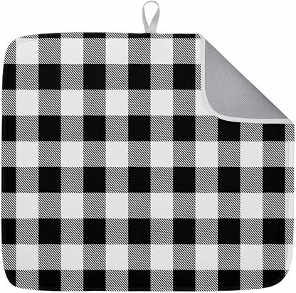 Dish Drying Mat Black Check Plaid Drying Matt for Kitchen Counter Farmhouse Style Absorbent Microfiber Quick Dry Mats Dishes Drainer Home Decorations 18x24 inch