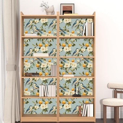 Blue Bird Peel and Stick Wallpaper, Vintage Beige Floral Fruits Contact Paper, Retro Botanical Wall Paper 17.5" x 118" Self Adhesive Removable Waterproof for Bedroom Shelves Cabinet Drawer Table