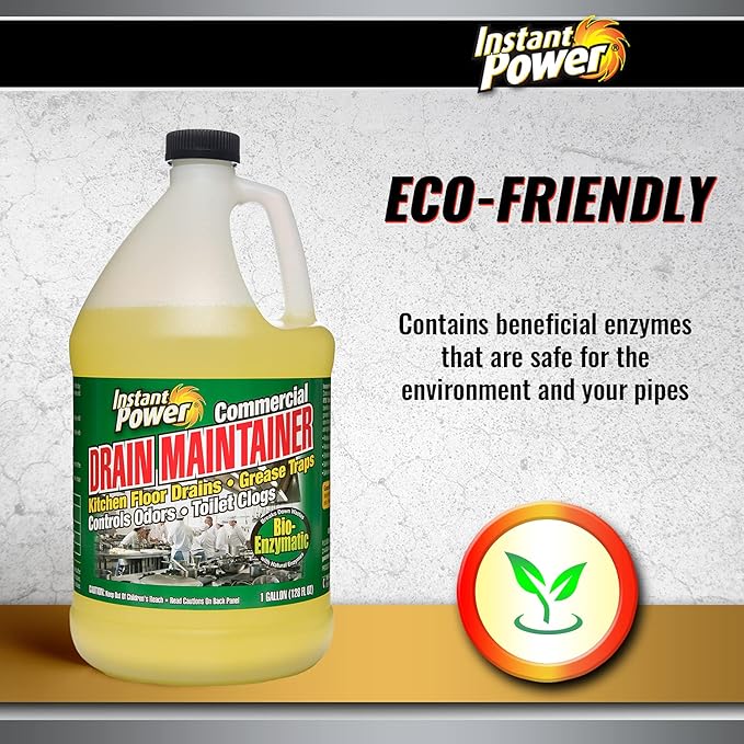 Instant Power Commercial Drain Maintainer - Liquid Enzyme Clog Remover, Cleans and Deodorizes, Reduces Drain Blockages, 1 Gal