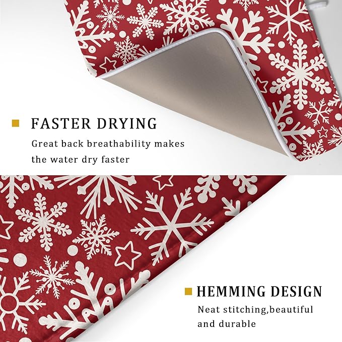 Christmas Dish Drying Mat for Kitchen Counter 18x24 Dark Red Snowflake Winter Xmas Holiday Absorbent Reversible Microfiber Drying Mats Kitchen Countertop Protector Dishes Drainer Pad