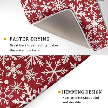 Christmas Dish Drying Mat for Kitchen Counter 18x24 Dark Red Snowflake Winter Xmas Holiday Absorbent Reversible Microfiber Drying Mats Kitchen Countertop Protector Dishes Drainer Pad