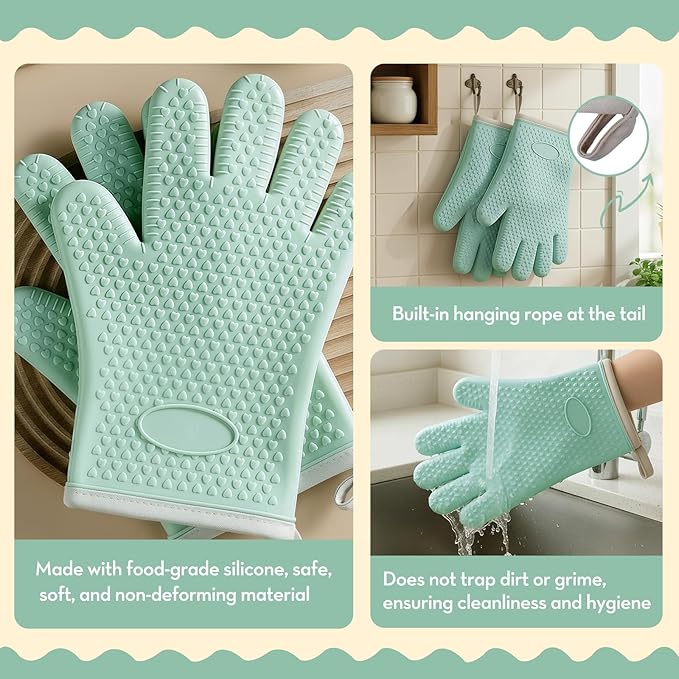 Silicone Oven Mitts Heat,1 Pair Non-Slip Five-Finger Oven Gloves, Waterproof Flexible BBQ Grilling Gloves with Hanging Loops, Kitchen Mitts for Baking Cooking Frying (Green)