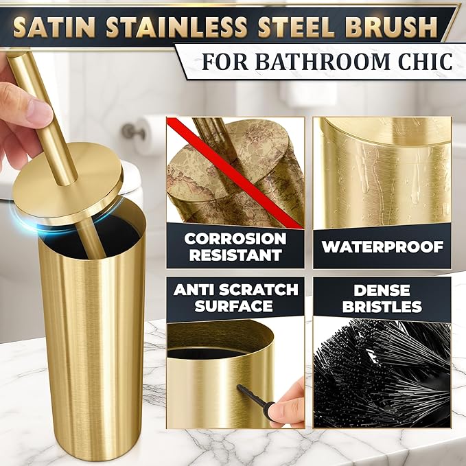 Gold Toilet Brush and Holder Set - Brushed Stainless Steel Gold Toilet Bowl Brush and Holder with Replaceable Head, Removable Inner Bowl, and Splash Protection - Dense Bristles for Thorough Cleaning