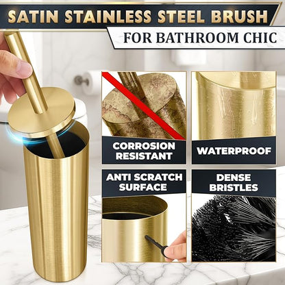 Gold Toilet Brush and Holder Set - Brushed Stainless Steel Gold Toilet Bowl Brush and Holder with Replaceable Head, Removable Inner Bowl, and Splash Protection - Dense Bristles for Thorough Cleaning