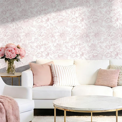 Floral Peel and Stick Wallpaper - Pink White Removable Self adhesive Wall Paper for Decor Walls Bathroom,Bedroom - Boho Flower Waterproof Modern Contact Paper for Cabinets and Drawers, 17.3"×196.8"