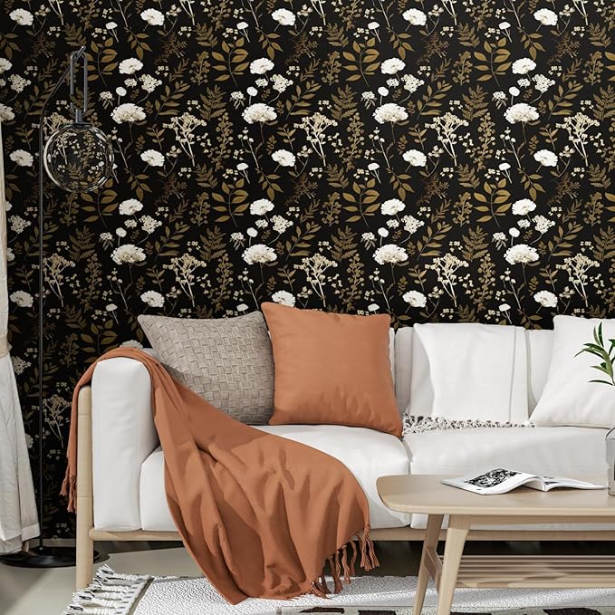 Laatse Dark Floral Wallpaper Peel and Stick Boho Wallpaper 17.5in x 118in Vintage Leaf Contact Paper Vinyl Waterproof Self Adhesive Leaf Botanical Wall Paper for Bedroom Walls Kitchen Cabinet