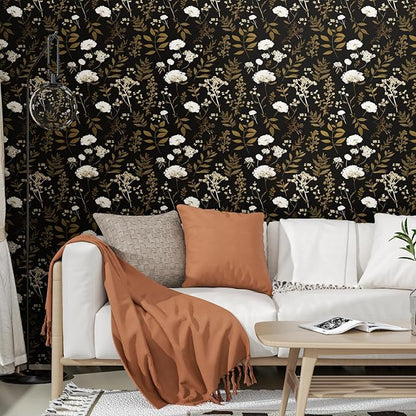 Laatse Dark Floral Wallpaper Peel and Stick Boho Wallpaper 17.5in x 118in Vintage Leaf Contact Paper Vinyl Waterproof Self Adhesive Leaf Botanical Wall Paper for Bedroom Walls Kitchen Cabinet
