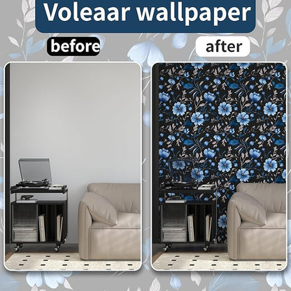Blue Floral Peel and Stick Wallpaper, Moody Dark Flower Theme Contact Paper Stick on Bedroom Living Room Kitchen, Vintage Self Adhesive Removable Wall Paper Dark Black Blue 17.5In x 118In