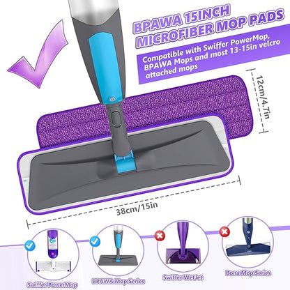 BPAWA 4X Reusable Pads Compatible with Swiffer PowerMop, 15" Microfiber Power Mop Replacement Refills Spray Mop Heads Washable Pad Dry Wet Mopping or Floor Cleaning