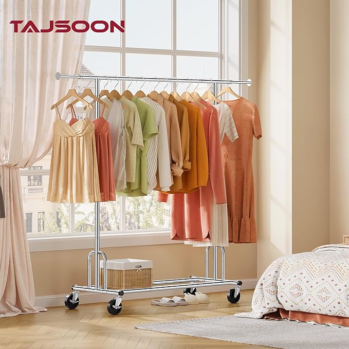 Tajsoon Heavy Duty Clothes Rack Foldable Garment Rack with Wheels and Extendable Rod, Freestanding Clothing Rack for Hanging Clothes, Adjustable ＆ Collapsible Rolling Racks with Bottom Shelf, Chrome