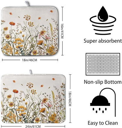 Fall Floral Dish Drying Mat for Kitchen Counter Autumn Burnt Orange Wild Flowers Dish Draining Mat Absorbent Microfiber Dishes Pad Washable Dish Drainer Rack Mat Large 18"x24"