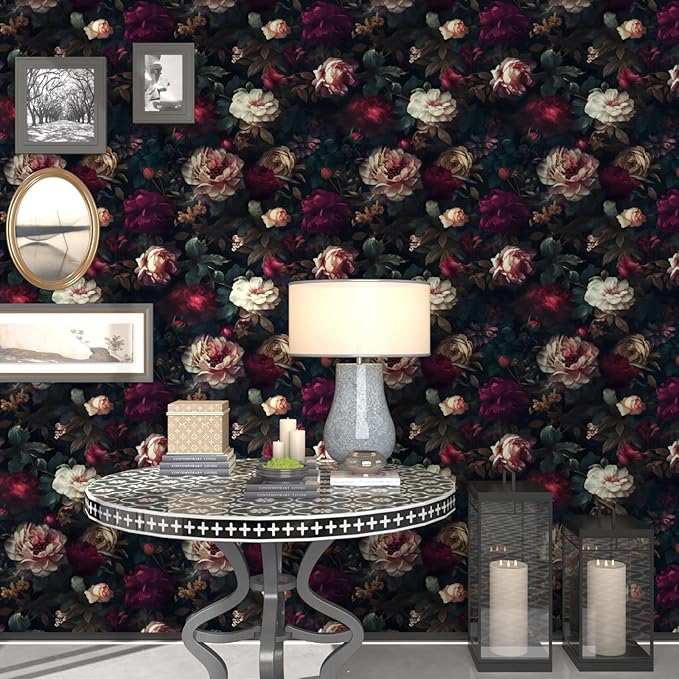 Fvlow Vintage Black Floral Wallpaper 17.4" x 197", Moody Dark Red Flower Print Contact Paper Waterproof Vinyl Covering for Bathroom Countertop Cabinets, Witchy Abstract Art Home Decor Maroon
