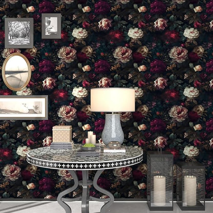 Fvlow Vintage Black Floral Wallpaper 17.4" x 197", Moody Dark Red Flower Print Contact Paper Waterproof Vinyl Covering for Bathroom Countertop Cabinets, Witchy Abstract Art Home Decor Maroon