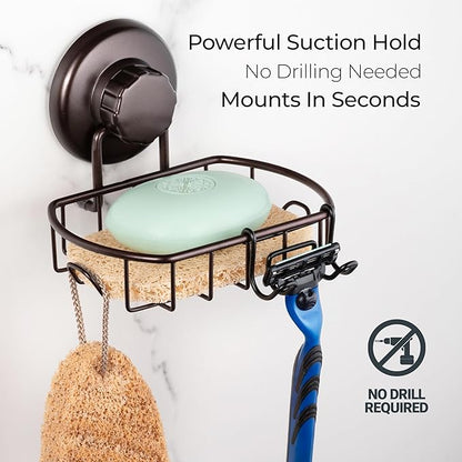 HASKO Suction Cup Soap Dish for Shower Wall, Rustproof Stainless Steel, Shower Soap Holder with Hooks, Includes Optional No Drill Adhesive Mount for Bathroom and Soap Saver, Bronze