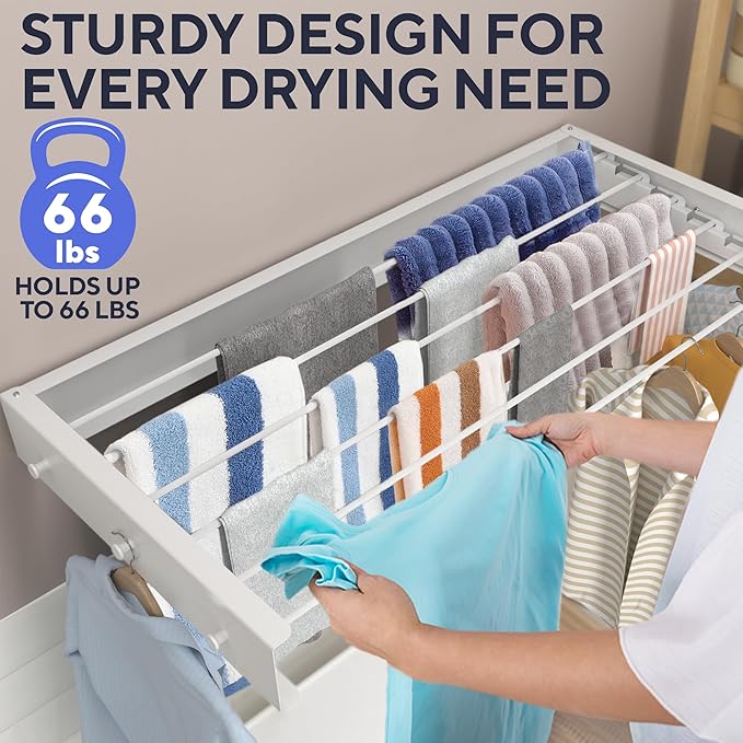 Delfori Foldable Wall Mounted Drying Rack 40 inch - Easy to Install Hanging Rack for Laundry Room - Space Saving Design with 66-lb Capacity - Perfect Drying Racks for Clothes Towels & More