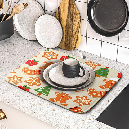 Christmas Dish Drying Mat for Kitchen Counter 16x18 Cute Gingerbread Themed Winter Xmas Holiday Absorbent Reversible Microfiber Drying Mats Kitchen Countertop Protector Dishes Drainer Rack Pad
