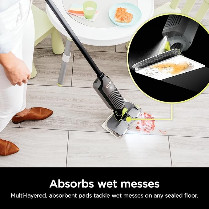 Shark VACMOP Cordless Hard Floor Cleaner, Vacuum and Spray Mop, Powerful Suction, Lightweight, LED Headlights, Includes 4 Disposable Pads, 12oz Multi-Surface Cleaning Solution, Gray, VM252