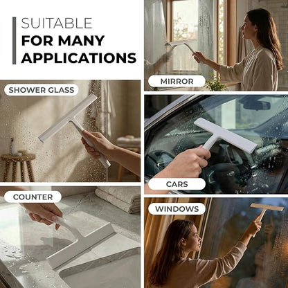 GÜTEWERK Silicone Shower Squeegee for Glass Doors & Mirrors with Stainless Steel Core, Streak-Free & No-Squeak Window Cleaning, 3-in-1 No-Drill Mount (Hook/Suction/Adhesive),White, 11 Inches