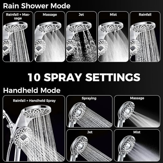 High Pressure Rain Shower Head with Handheld Spray Combo: Detachable Dual Shower Head with 10 Sprays Modes - Upgrade Knob Spray Mode Selector and Magnetic Guidance Docking System