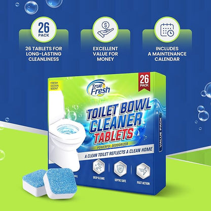 True Fresh Toilet Bowl Cleaner Tablets 26 Pack – Deodorizer & Septic Safe – Deep Cleaning, Odor Eliminator, Stain Remover for Long-Lasting Freshness – Fresh Ocean Scent
