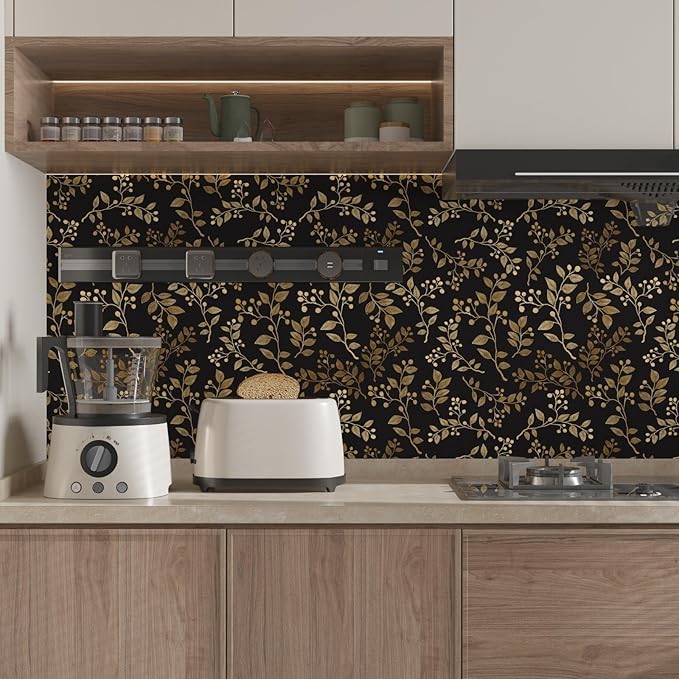 Dark Floral Peel and Stick Wallpaper, Vintage Gold Leaf Self-Adhesive Contact Paper for Bedroom Stair Shelves Drawer, Modern Black Yellow Gold Vinyl Removable Wallpapers 17.5In x 9.8Ft