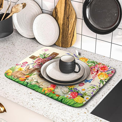 Easter Farmhouse Dish Drying Mat Funny Animal Dish Pad for Kitchen Counter Small 16 X 18