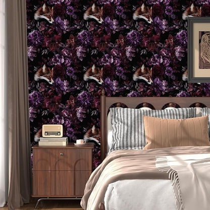 Fox Floral Animal Wallpaper Peel and Stick, Dark Purple/Red Goth Contact Paper, Black Vintage Gothic Wall Paper Self Adhesive Removable Waterproof for Bedroom Shelf Cabinet Drawer Table 17.5" x 118"