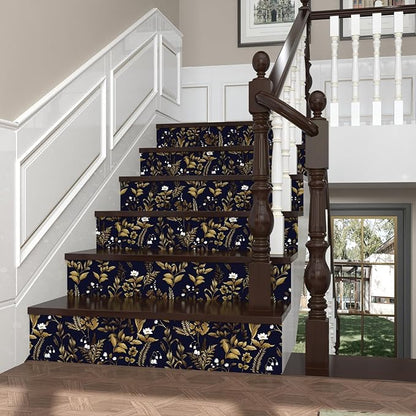 Extra Long Dark Navy Vintage Floral Wallpaper 17.5In x 393In Boho Peelable Contact Paper Botanical Wall Paper Waterproof Stick on Backsplash Bedroom Cabinet Drawer Deep Blue Yellow Gold