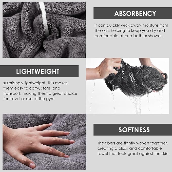 GraceAier Microfiber Bath Towels 4 Pack, 28x56 Inch Coral Velvet Quick Dry Towel Set, Highly Absorbent, Ultra Soft & Lint-Free for Bathroom, Gym, Travel and Swim-Grey