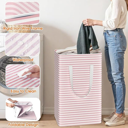 3 Pack Large Laundry Basket,Waterproof & Freestanding Laundry Hamper,Collapsible Clothes Hampers with Easy Carry Long & Reinforced Handles in Bathroom,College Dorm(75Lx3,Pink)