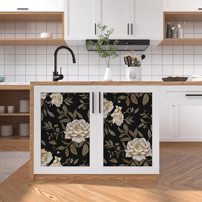 Floral Wallpaper Peel and Stick, Black/Golden/White Peony Flowers Contact Paper, Botanical Wall Paper Self Adhesive Waterproof Removable for Room Shelves Cabinet Drawer Table Decor 17.5" x 118"