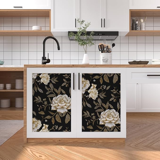 Laatse Floral Wallpaper Peel and Stick, Golden/White Flowers Contact Paper 17.5" x 393.7", Black Botanical Wall Paper Self Adhesive Waterproof Removable for Room Shelves Cabinet Drawer Table Decor