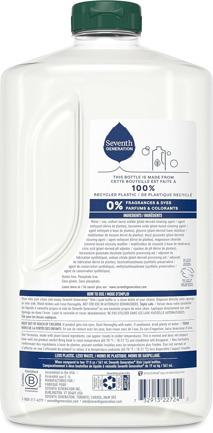Seventh Generation Dish Soap Refill, Free & Clear, 50 fl oz, 3 Pack, Plant-Based Dishwashing Liquid for Grease & Tough Food Messes, For Sensitive Skin