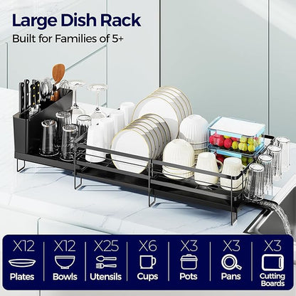 Large Dish Drying Rack, Expandable Dish Rack for Kitchen Counter, Upgraded Dish Drainer with Drainboard Set, Multifunctional Dishrack with Utensil Holder & Cup Holder, 13.4"-28.7" L x 11.8" W
