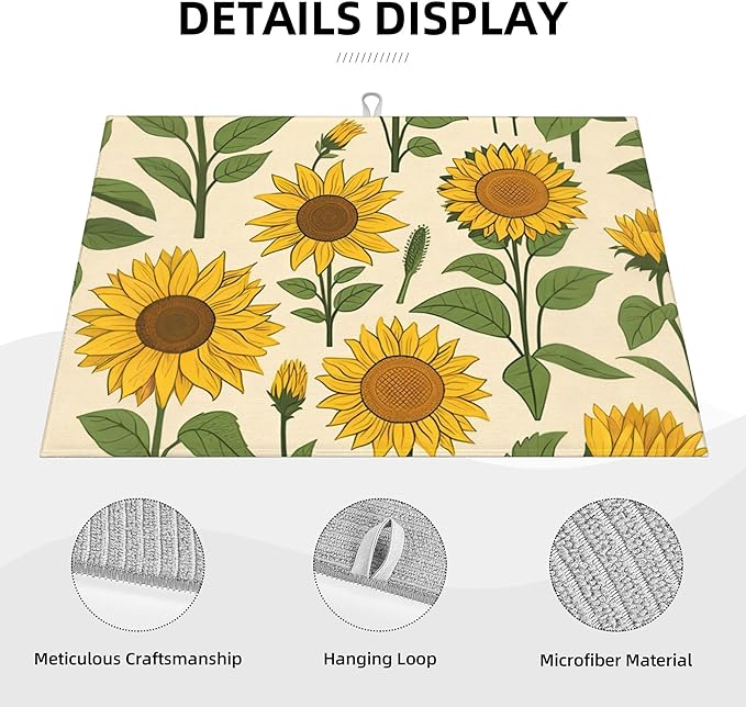 Sunflower Plants Dish Drying Mats for Kitchen Counter, Absorbent Reversible Microfiber Dish Drying Pad, Multi-Use Large Drying Mat Coffee Bar Accessories 18"x24"